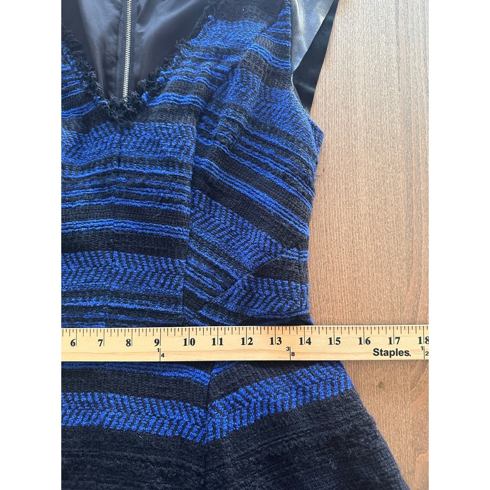 Rebecca Taylor Blue Black Tweed Faux Leather Trim Fit Flare Dress Size 2 - Picture 3 of 7